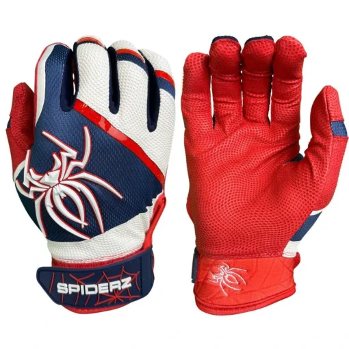 2023 Spiderz Pro Model Batting Gloves: White/Red/Navy -Sports Gear Shop 2023SpiderzProModelBattingGloves White Red Navy Title