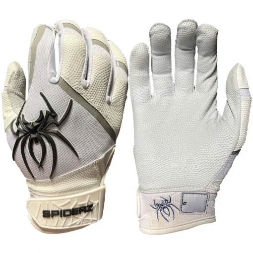 2023 Spiderz Pro Model Batting Gloves: White/Black/Silver -Sports Gear Shop 2023SpiderzProModelBattingGloves White Title