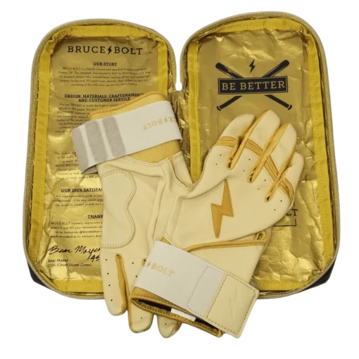 Bruce Bolt PREMIUM PRO Gold Series Batting Gloves: Long Cuff -Sports Gear Shop LC GLD BAG2