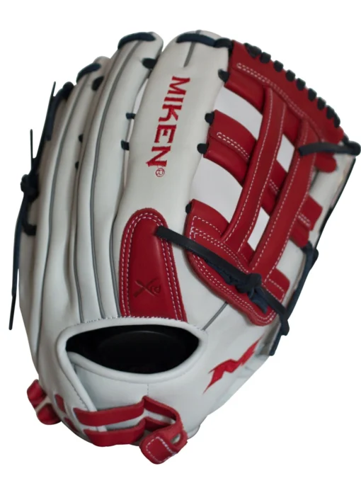 Miken Pro Series 13.5″ Slow Pitch Fielding Glove – White/Scarlet/Navy: PRO135WSN -Sports Gear Shop PRO135WSN Slowpitch Softball Glove scaled