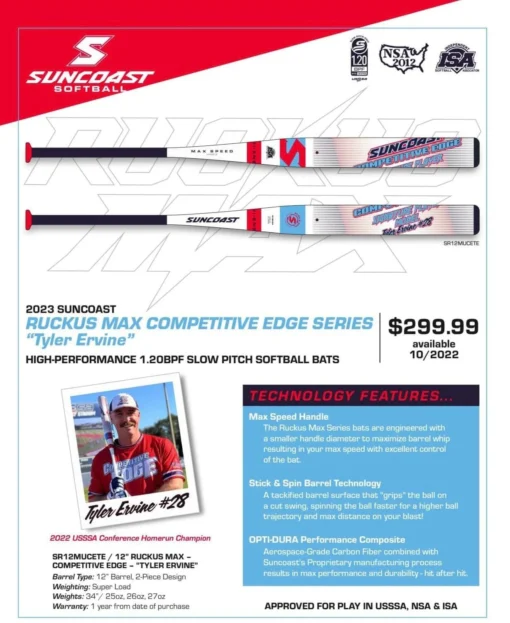 2023 Suncoast Ruckus Super Max Competitive Edge 12" Tyler Ervine USSSA Slowpitch Softball Bat -Sports Gear Shop RuckusCompEdge